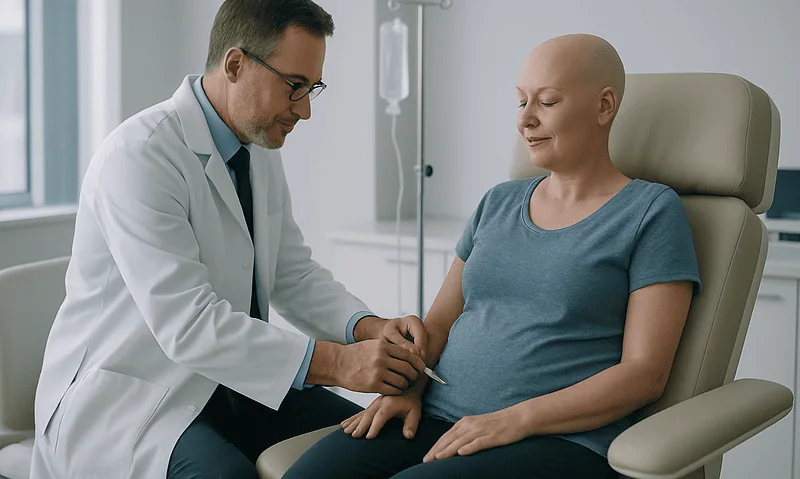 Doctor preparing for intrathecal chemotherapy consultation with patient.