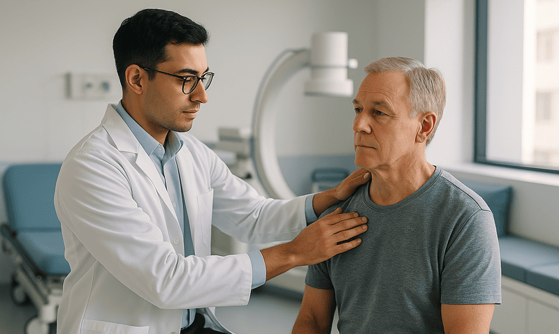Doctor examining an older male patient in a hospital room.