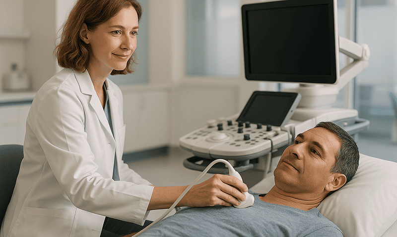 Doctor performing intratympanic steroid injection on patient in hospital.