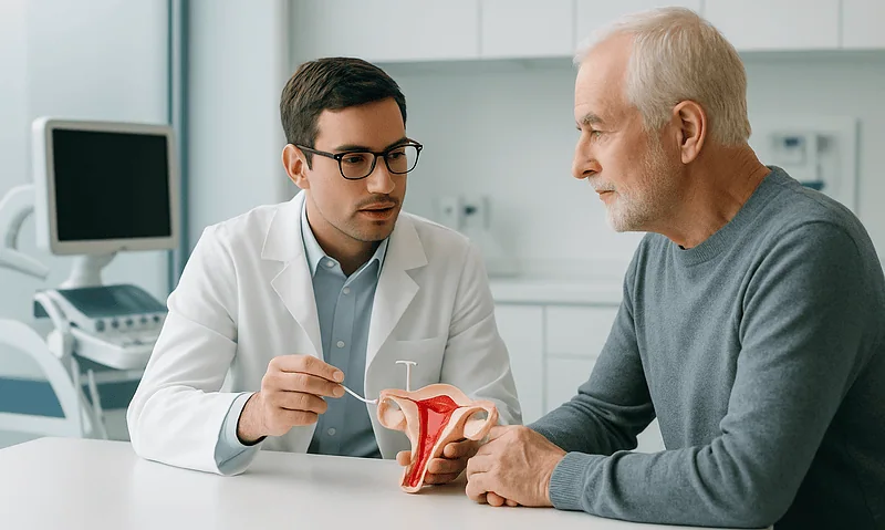 Doctor explaining intrauterine device placement to patient in clinic.