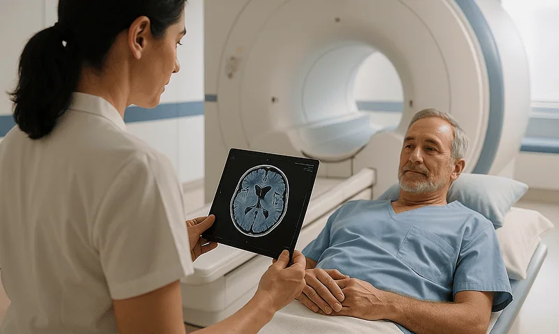 Doctor showing brain scan to patient in hospital MRI room.