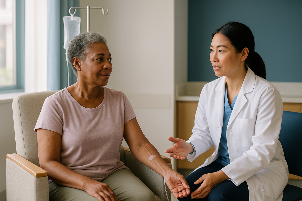Doctor consulting with patient in clinical setting: Intravenous versus oral: why some trial results look better than others