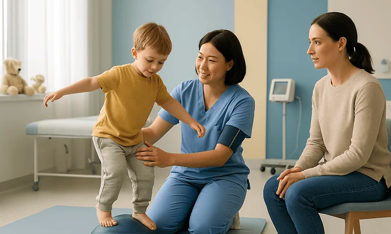 Child undergoing medical examination with healthcare professional and mother present.