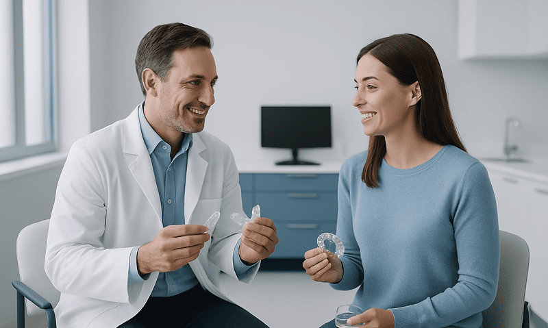 Dentist explaining Invisalign options to a patient in a clinic setting.