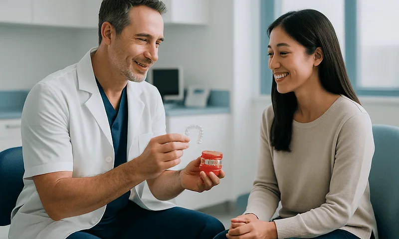 Dentist showing clear aligner to smiling patient in consultation room.