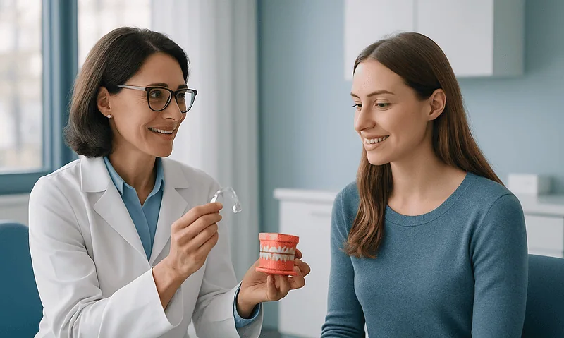 Dentist explaining Invisalign to a patient in a clinic setting.