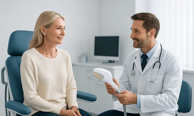 Doctor explaining IPL photorejuvenation to a patient in a clinic.