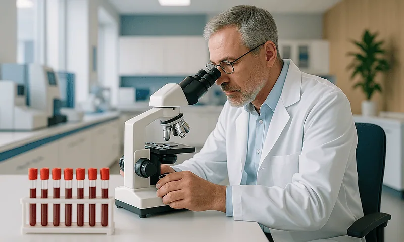 Researcher examining blood samples with microscope in laboratory setting.
