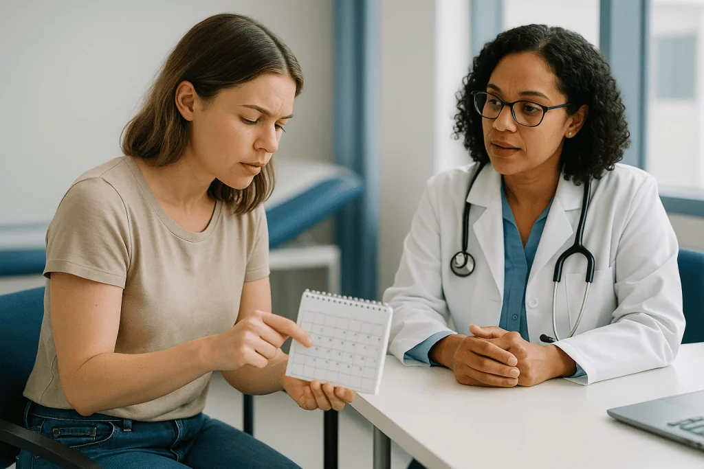 Female doctor consulting with patient about medical calendar: Irregular periods: when to see a doctor and when to watch