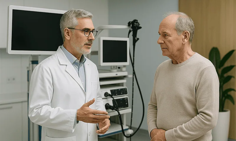 Doctor consulting with an elderly male patient in a medical office.