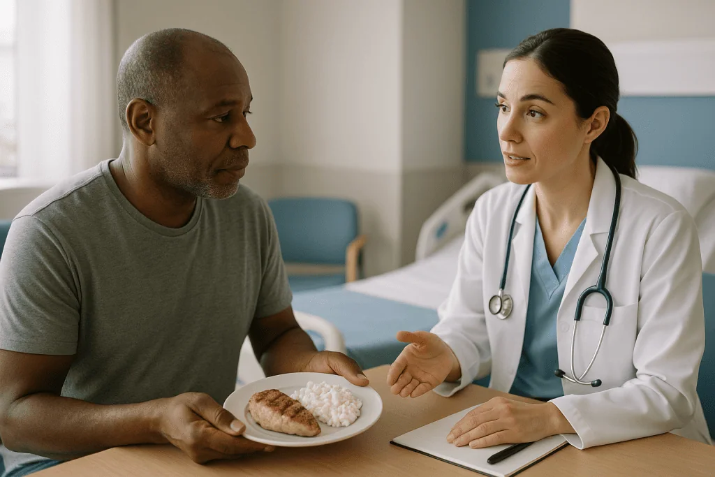 Doctor consulting patient about plate of food: Is 100g of Protein a Lot?