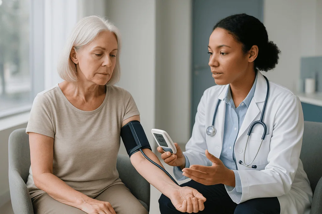 Doctor measuring patient blood pressure during consultation — Is 110 over 60 too low for blood pressure?