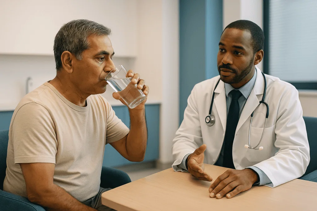 Patient drinking water during medical consultation with doctor — Is 2 Liters of Water a Day Enough?