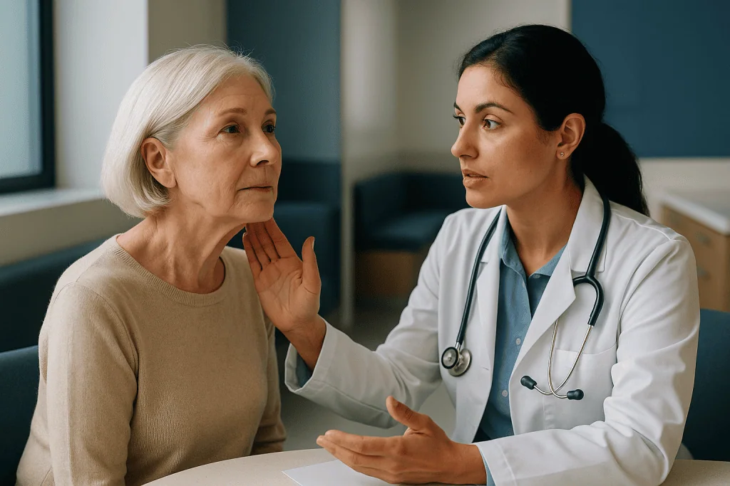 Doctor consulting with older female patient about throat: Is 60 too late for a facelift?