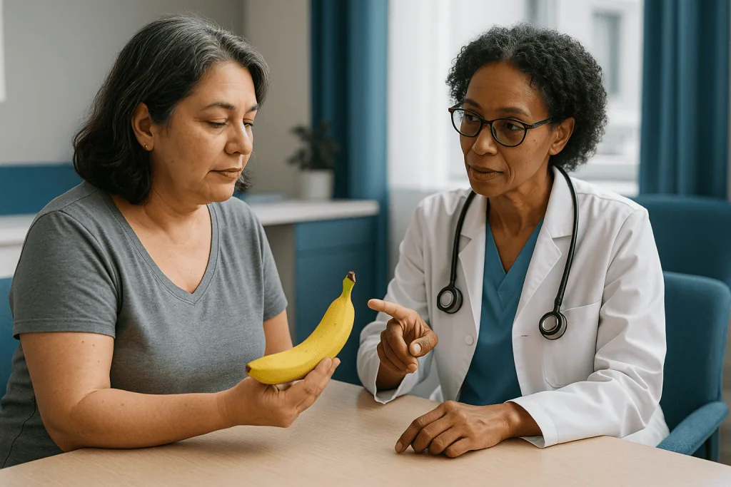 Doctor consulting patient holding banana fruit: Is a banana a prebiotic or a probiotic?