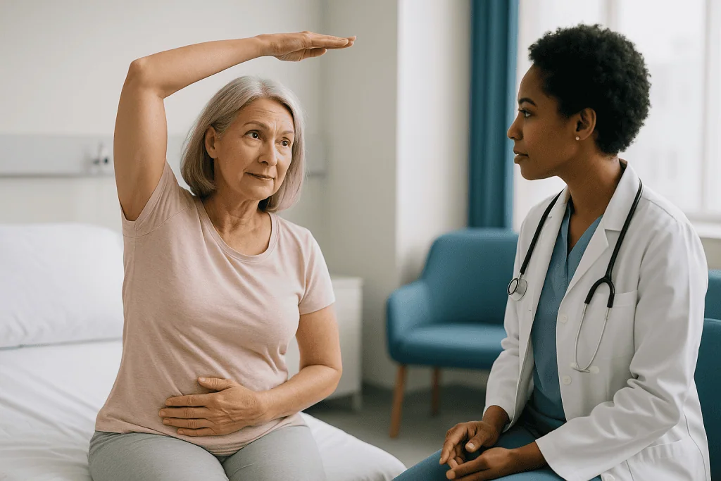 Doctor examining older female patient during consultation: Is a bladder sling a major surgery?