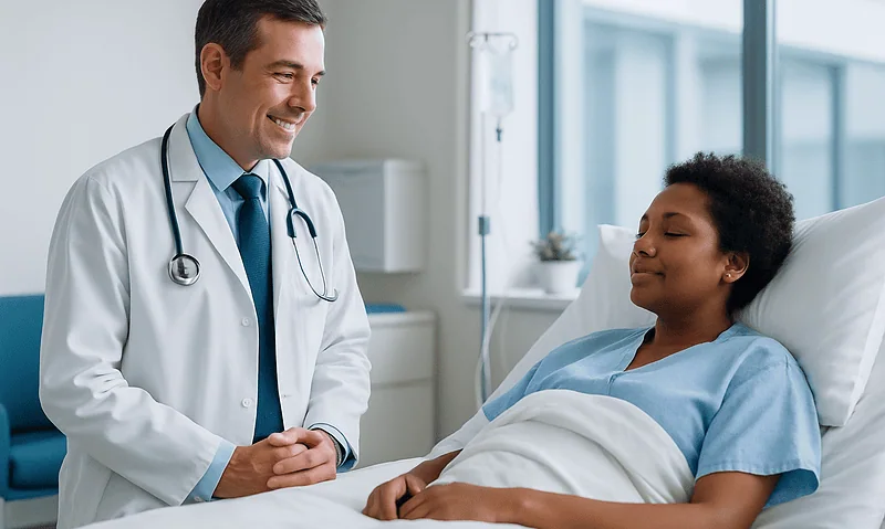 Doctor talking to a patient in hospital bed at Acibadem Hospital.