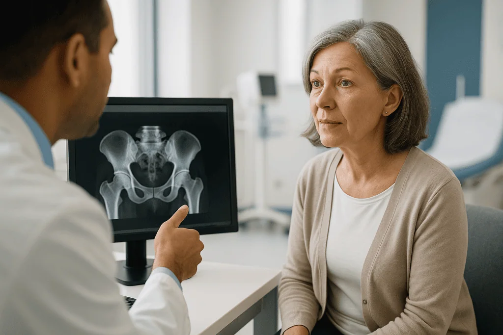 Doctor discussing hip X-ray with mature female patient: Is a CT scan required before hip replacement surgery?