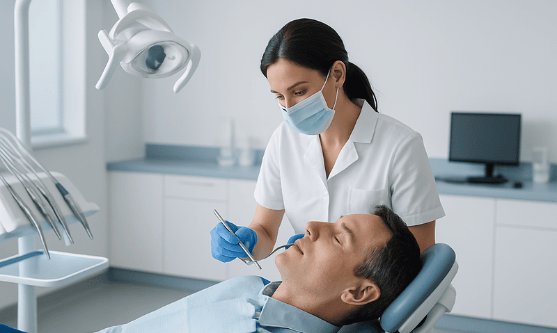 Dental hygienist performing cleaning on patient in modern clinic.