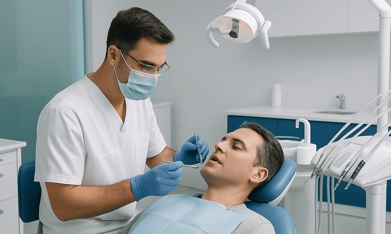 Dentist performing a dental check-up on a patient in a modern clinic.