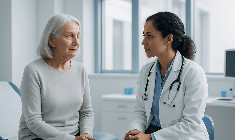 Doctor consulting with elderly female patient in a medical office.