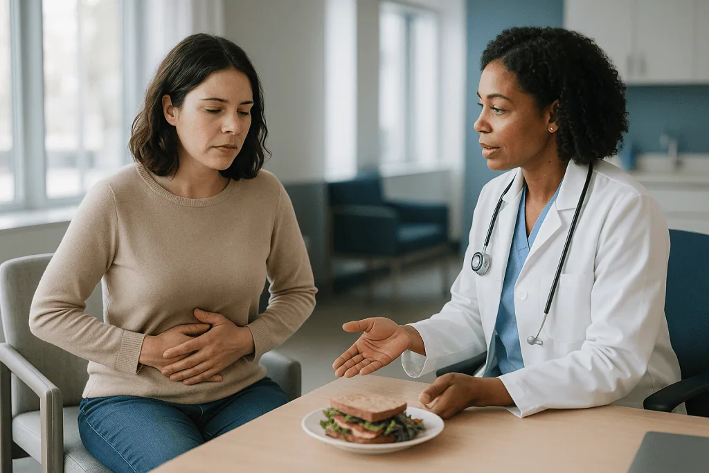 Doctor consulting patient about digestive symptoms and diet — Is a growling stomach the same as a hungry stomach?