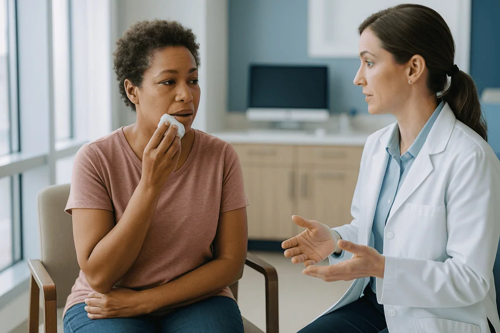 Doctor consulting with patient in clinical office setting — Is a gum graft considered major surgery? What the day looks like