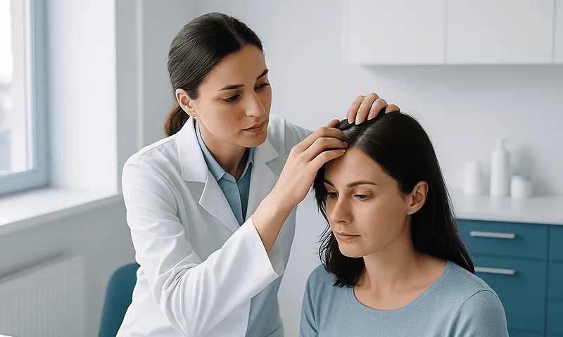 Medical professional examining woman's scalp for hair health assessment.