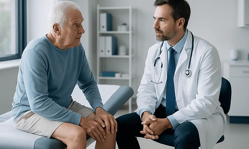 Doctor consulting with elderly patient about knee health in a modern clinic.