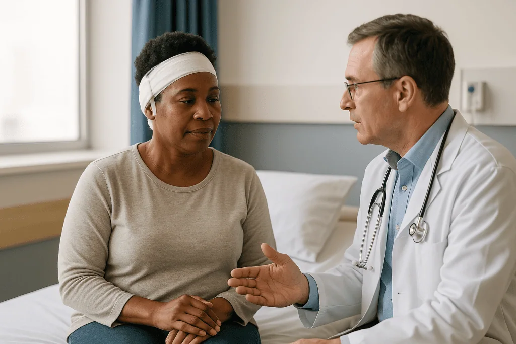 Doctor consulting patient in hospital room setting: Is a mastoidectomy major surgery?