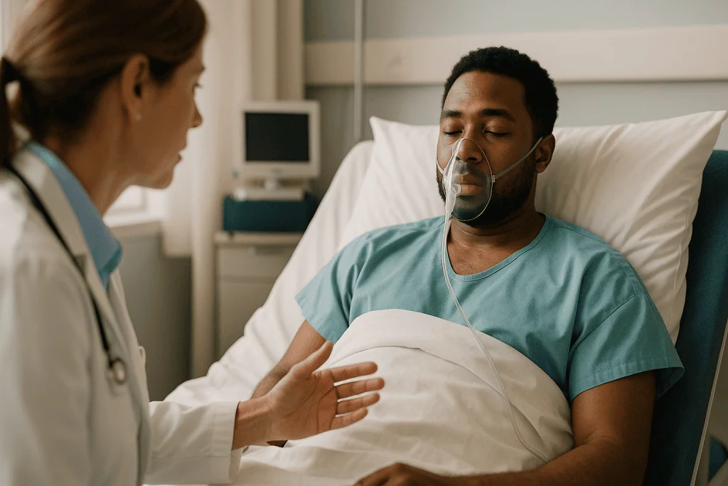 Doctor consulting with patient in hospital bed: Is a mediastinoscopy painful? What anesthesia does and what you will feel af