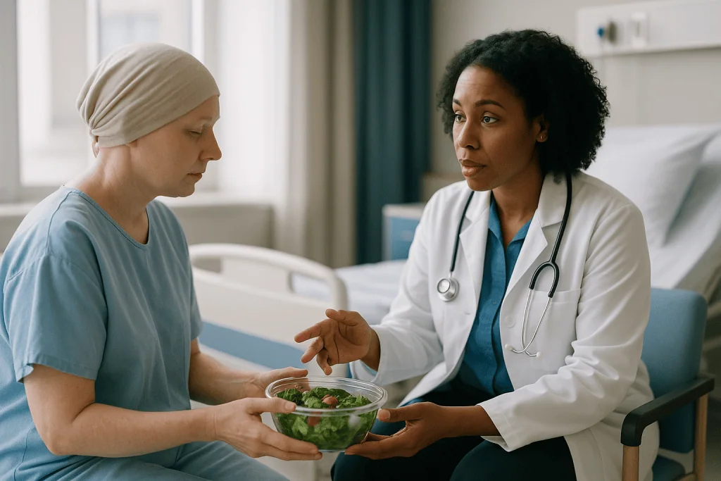 Doctor discussing nutrition and diet with cancer patient: Is a neutropenic diet still recommended?