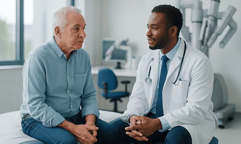 Doctor consulting with elderly patient in hospital room.