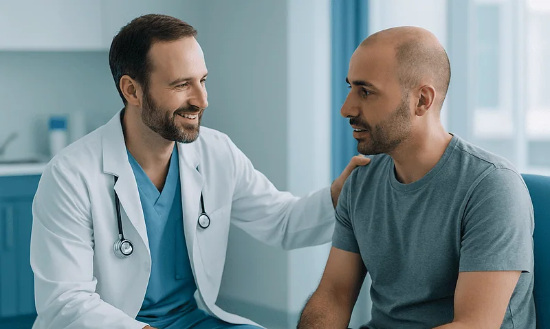 Is a Sapphire Transplant Painful? Local Anesthesia, Channel Opening and Scalp Soreness 4 Doctor consulting with patient about hair transplant procedure at Acibadem Hospital.