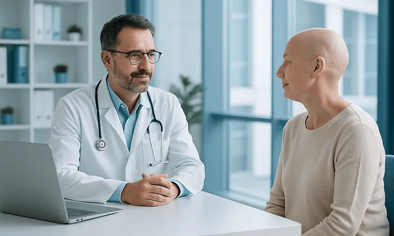Hematologist consulting a patient in a modern hospital setting.