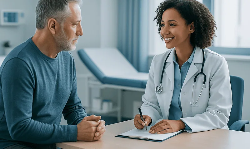 Doctor consulting with a male patient in a medical office.