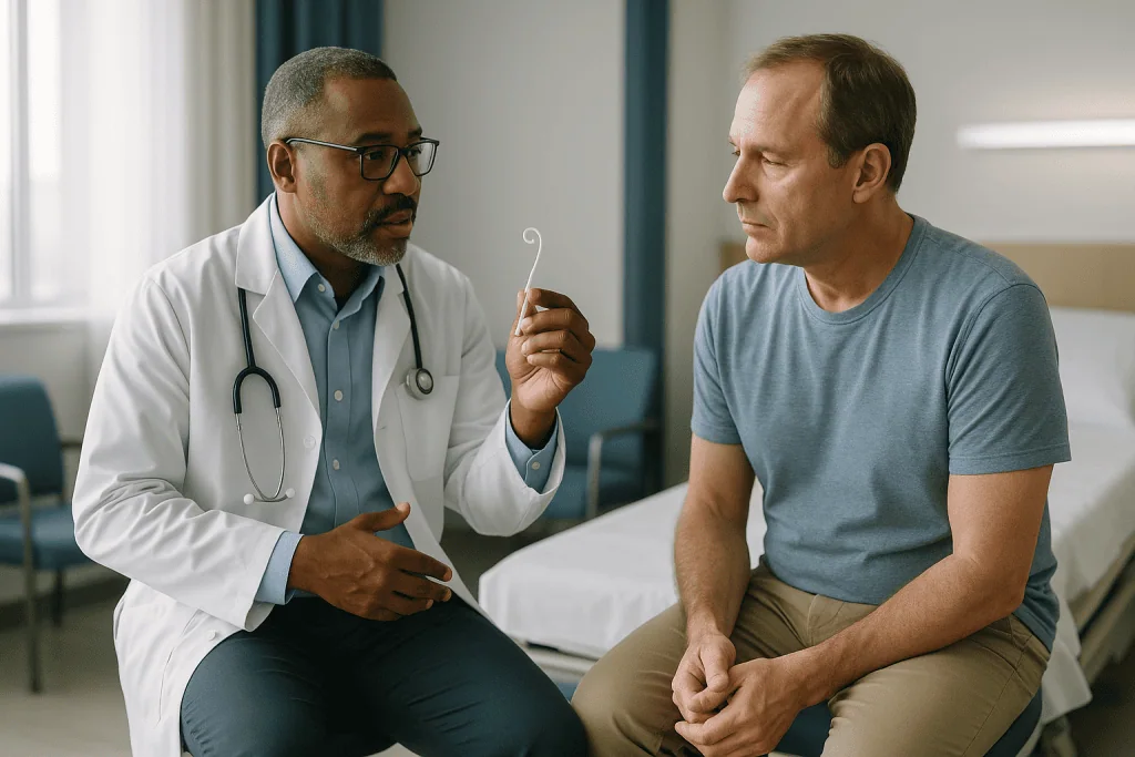 Doctor consulting male patient in clinical setting: Is a stent necessary after kidney stone removal? Who usually gets one an
