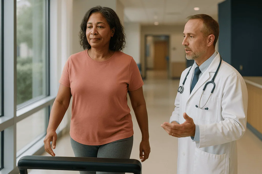 Doctor walking with patient in hospital corridor: Is a walking pad as effective as walking outside?