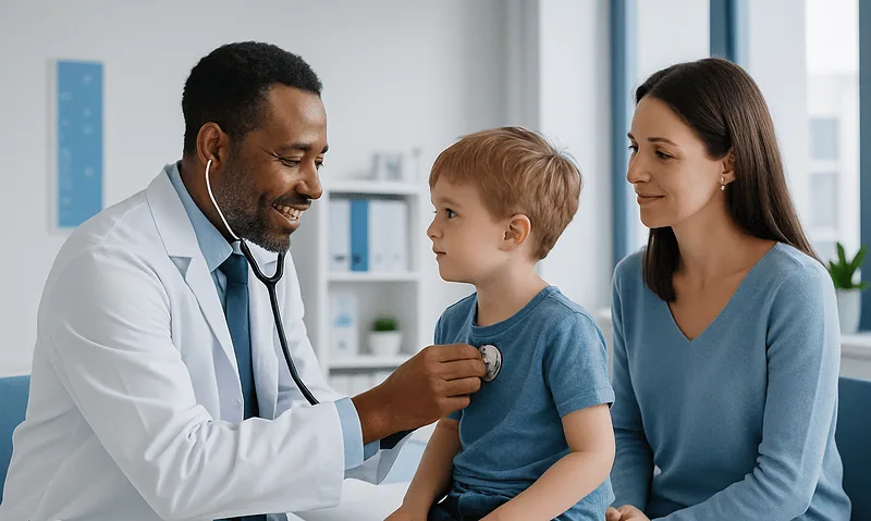 Pediatric doctor examining a young boy with mother present in clinic.