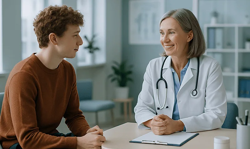 Doctor consulting with a young patient in a medical office.