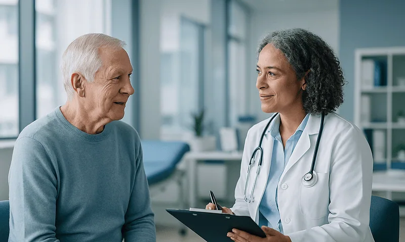 Doctor consulting with elderly patient in a hospital setting.