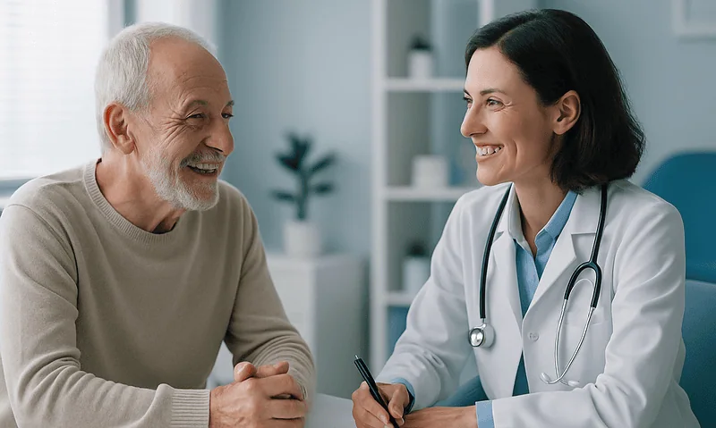 Dentist consulting with elderly patient in a modern clinic setting.