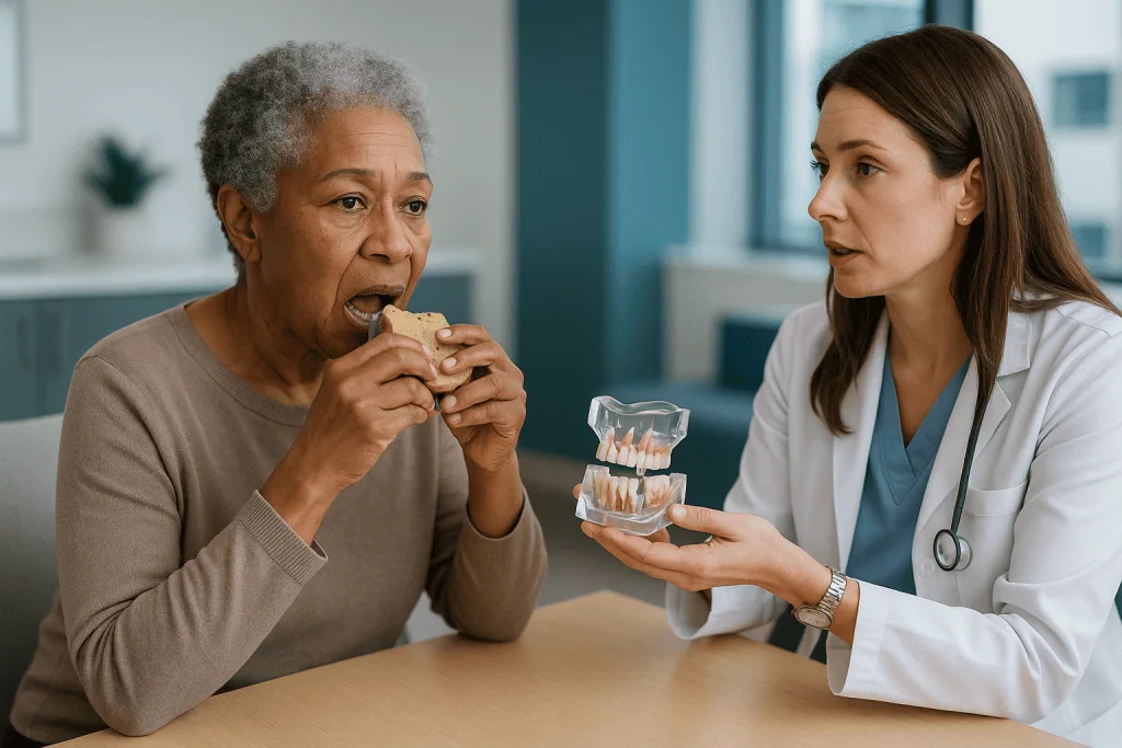 Senior patient eating sandwich with female dentist holding teeth models: Is all on 4 with bone loss actually possible? The s
