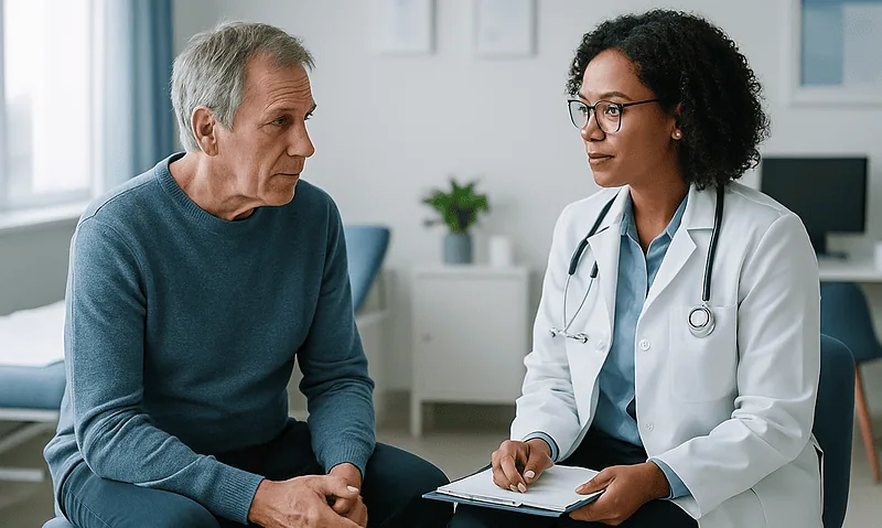 Doctor consulting with an elderly male patient in a medical office.