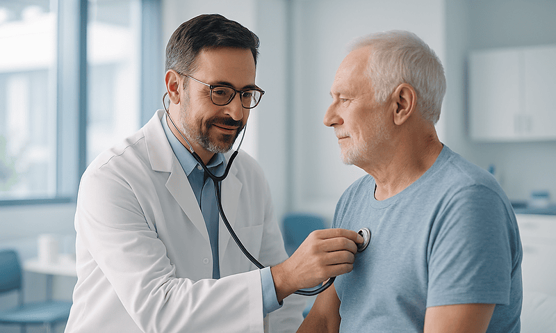 Doctor examining an elderly male patient with a stethoscope in a clinic.