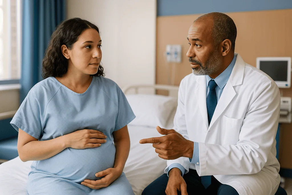 Pregnant woman consulting with male doctor in clinical setting: Is an epidural administered by an anesthesiologist?