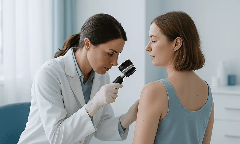 Doctor examining patient's upper arm with a dermatoscope in clinic.