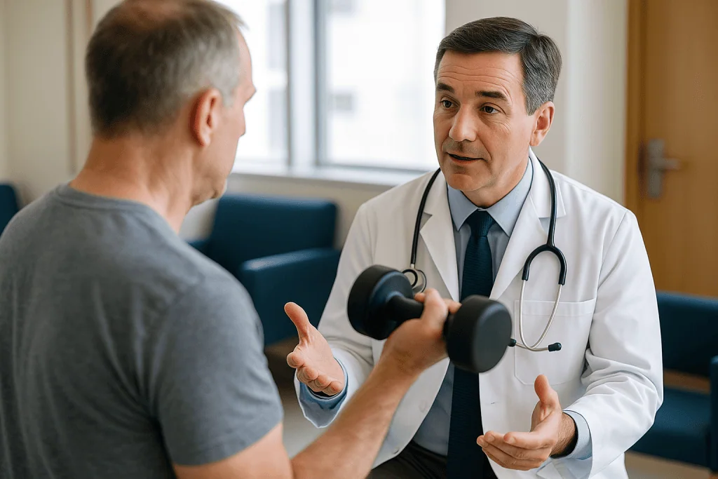 Doctor consulting patient with dumbbells during discussion: Is artificial disc replacement a major surgery?