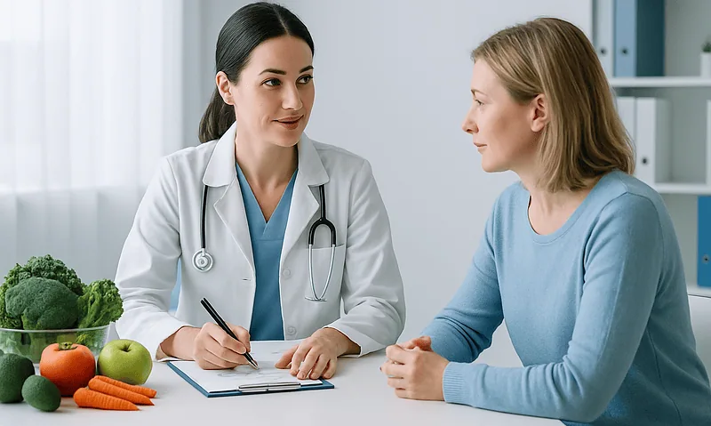 Doctor consulting with a female patient in a medical office.