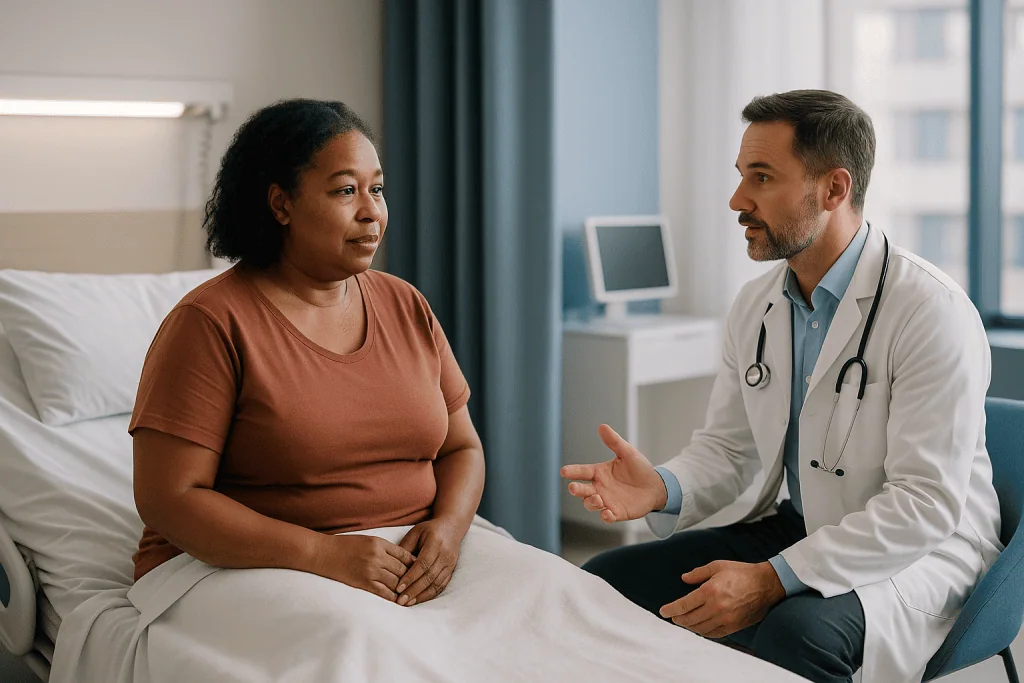 Doctor consulting patient in hospital room setting: Is BBL safe? What the evidence actually shows about the BBL death rate